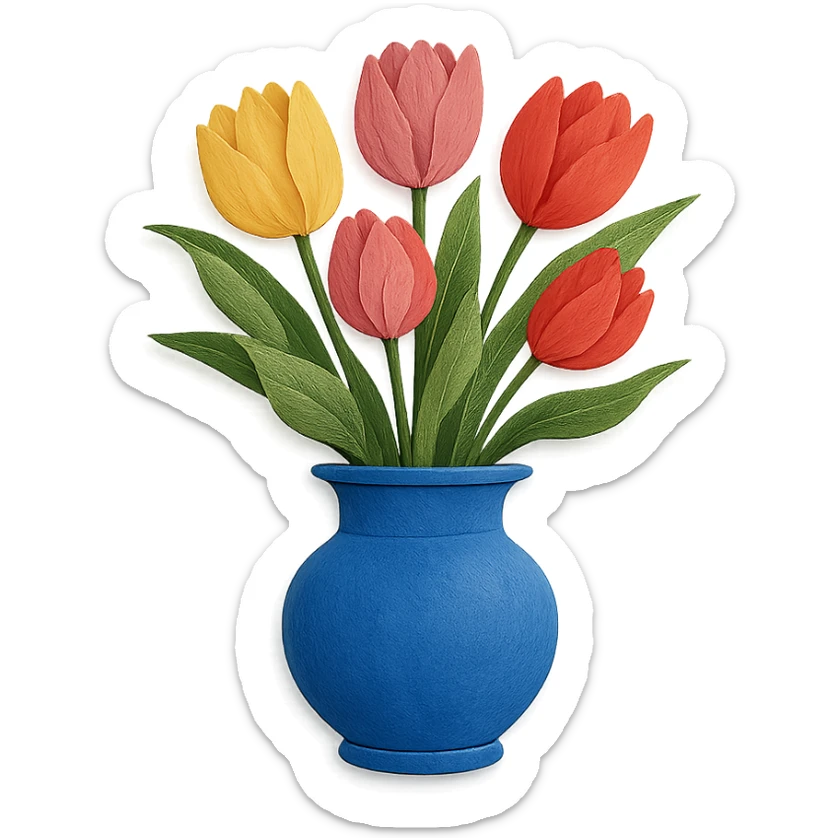 very detailed vase of tulips, intricate cut paper textures, vibrant colors, realistic petals and leaves sticker