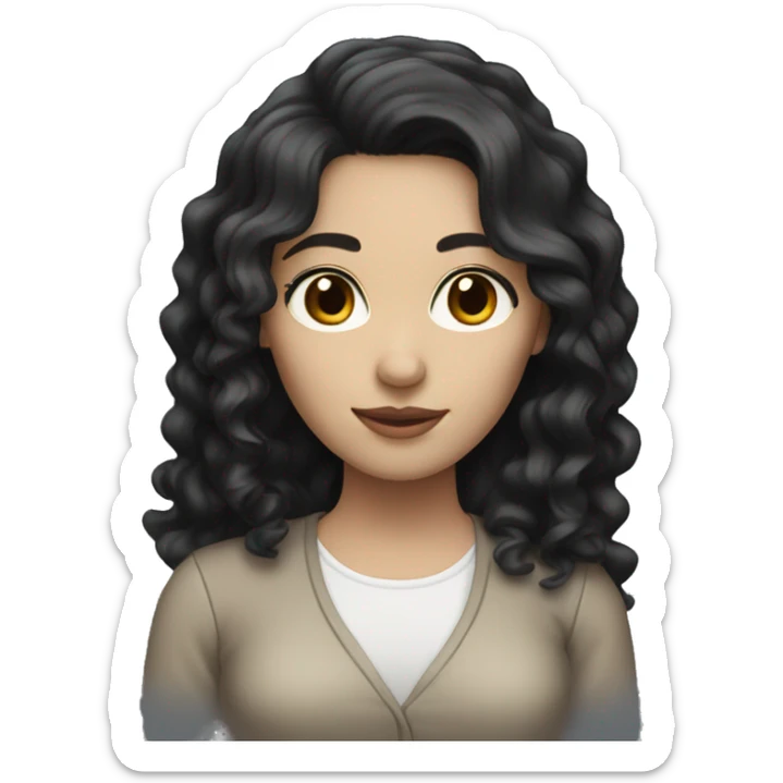 Woman with white skin, long black wavy hair, brown eyes, nice clothes sticker