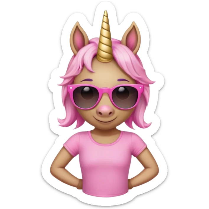 friendly anthropomorphised female unicorn with horse-like face, in tutu and pink t-shirt, wearing dark sunglasses, relaxed pose, close-crop head and shoulders sticker