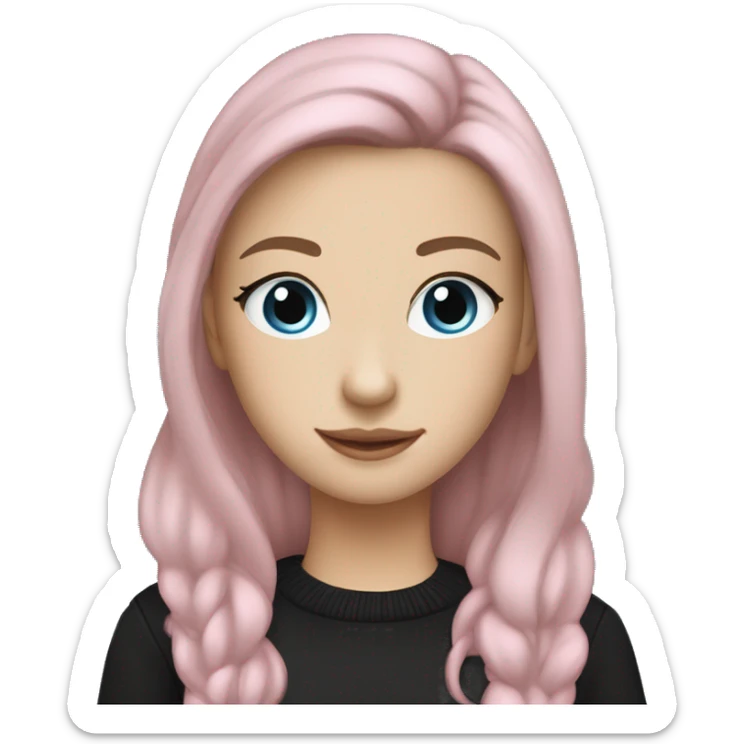 caucasian white IT girl student, holding pink laptop, blue eyes, dark brown hair ponytail wearing a thick black sweater sticker