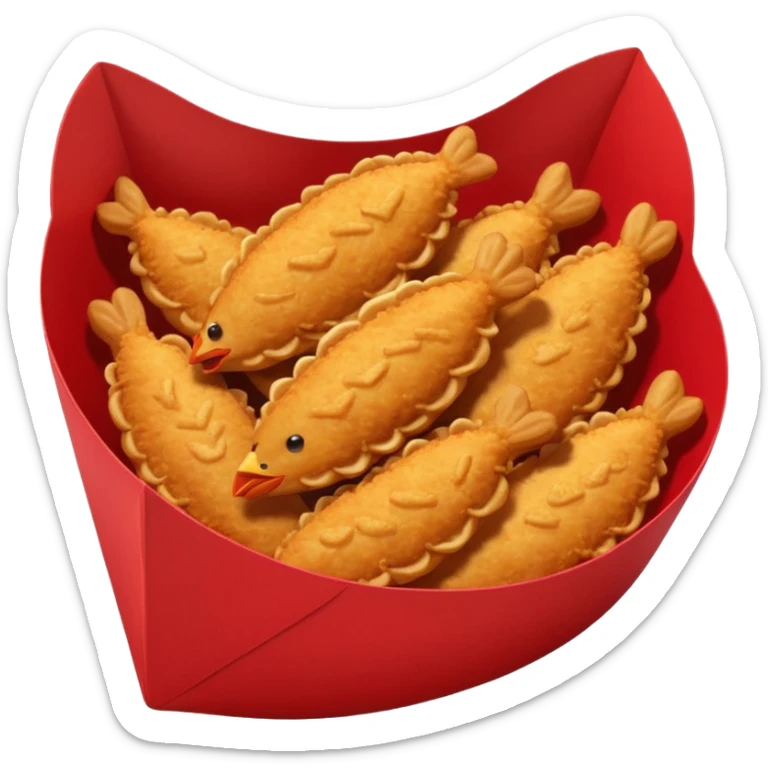 5 breaded chicken tenders of varying sizes and shapes in a red paper food boat sticker