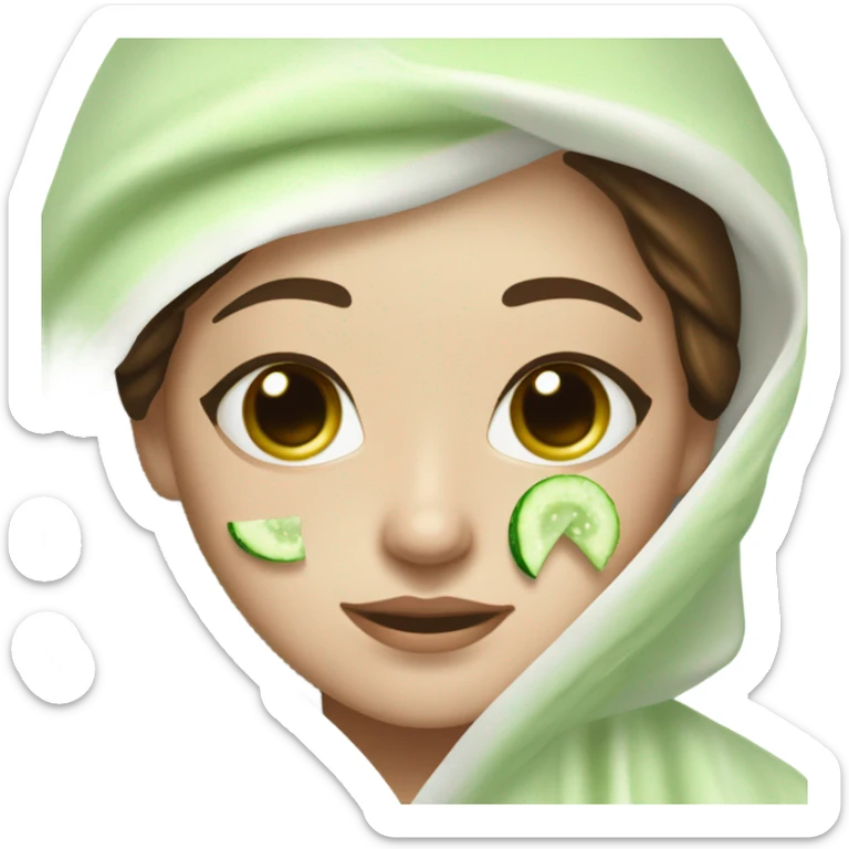 Girl with freackles Brown hair white skin and blue eyes wears Green colored texture skin care mask all over her face while She relaxes she puts on two mini round piece of cucumber on her closed eyes In a white Robe sticker