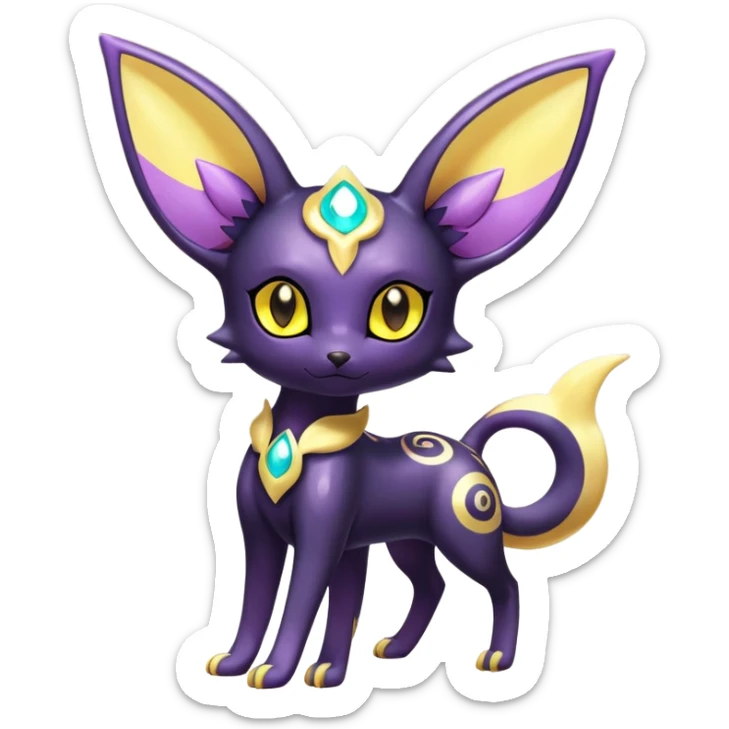 Shiny Exotic Colorful Excessive Mysterious Espeon-Umbreon-Poochyena-Pokémon-Fakémon-hybrid-creature (full body) with pattern-markings with golden eyes sticker