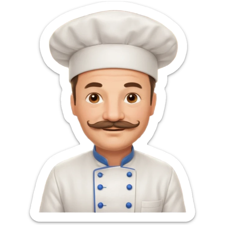 Est-ce que tu peux me faire un chef cuistot qui ressemble à Philippe Etchebest et qui est devant un restaurant? Est-ce que tu peux le faire souriant, avec une moustache de cuistot? 
 sticker