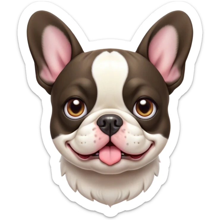 Cinematic Comical Pied French Bulldog Portrait Emoji, Head tilted with an exaggeratedly shocked, comical expression and wide, humorously expressive eyes, showcasing a distinctive pied fur of contrasting hues and a charmingly goofy face, simplified yet hilariously detailed, glowing with a sassy, playful radiance, high shine, exuding a mischievous and meme-worthy charm, styled with a soft glowing outline, capturing the essence of a Pied French Bulldog that looks ready to spark a viral laugh! sticker