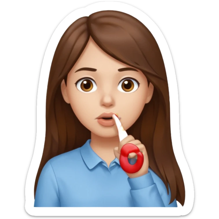 Emoji Fille cheveux long et brun yeux brun avec un doigt dans la bouche que la mains sois plancher vers en bas et que elle regarde comme si elle est coquine  sticker