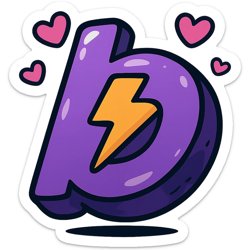 plump vibrant Boosty logo cartoon style purple 'b' with lightning bolt cutout bold outline expressive shadows glossy highlights no background cute hearts around logo sticker
