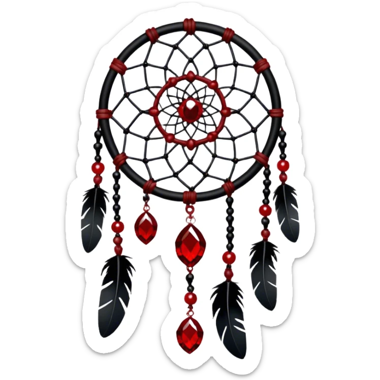 Blood-red, bloody, obsidian-black, edgy, dream catcher, red gemstones, black wires, black threads, tiny white skulls, sticker