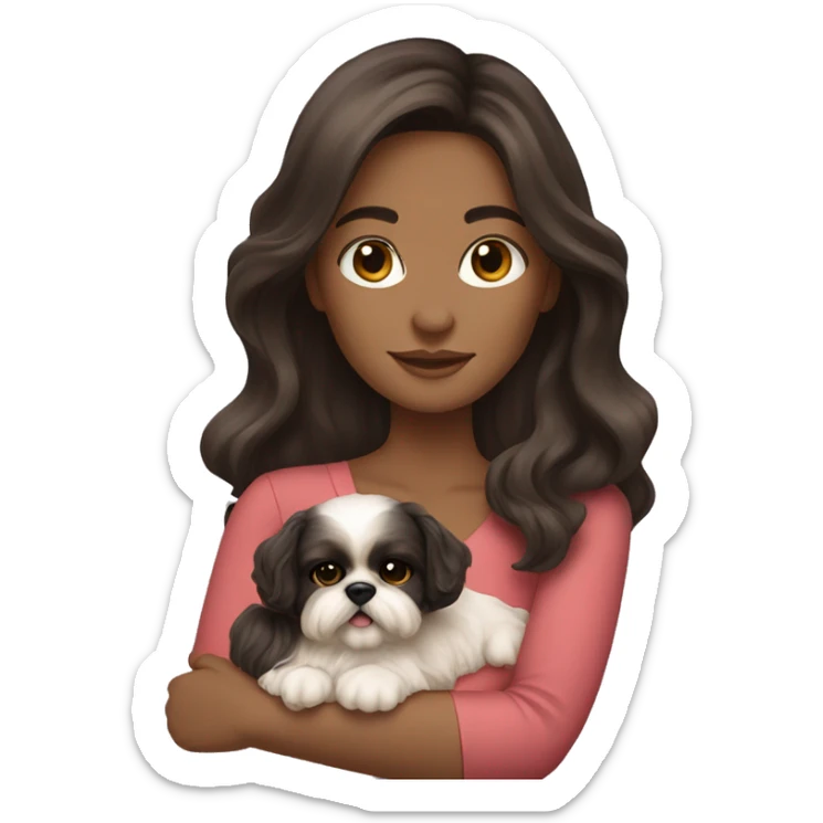 Young dark brunette medium kin hair woman with a golden shih tzu in her arms long wavy hair sticker