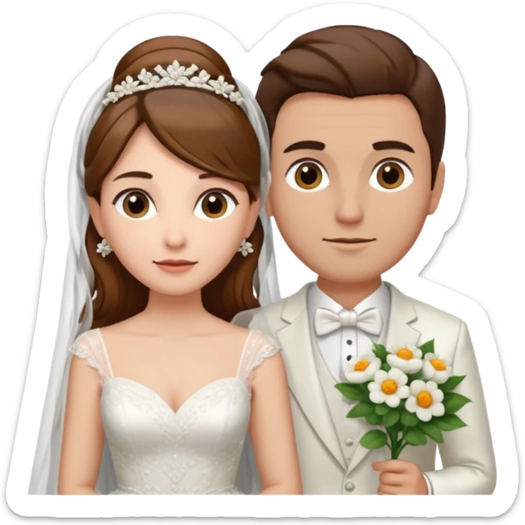 A woman with long brown hair and fair skin, wearing her hair , dressed in a wedding gown with a veil. And a man with short brown hair and fair skin (without a mustache), wearing a white suit with a flower.
 sticker