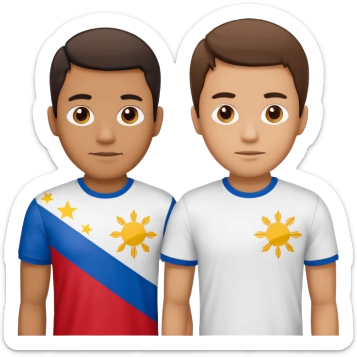 2 male Best budd wearing tshirts, one had Philipines flag, the other spanish flag sticker