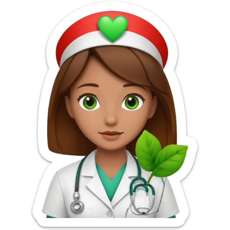 Brown hair Nurse with green heart and plant surround her  sticker