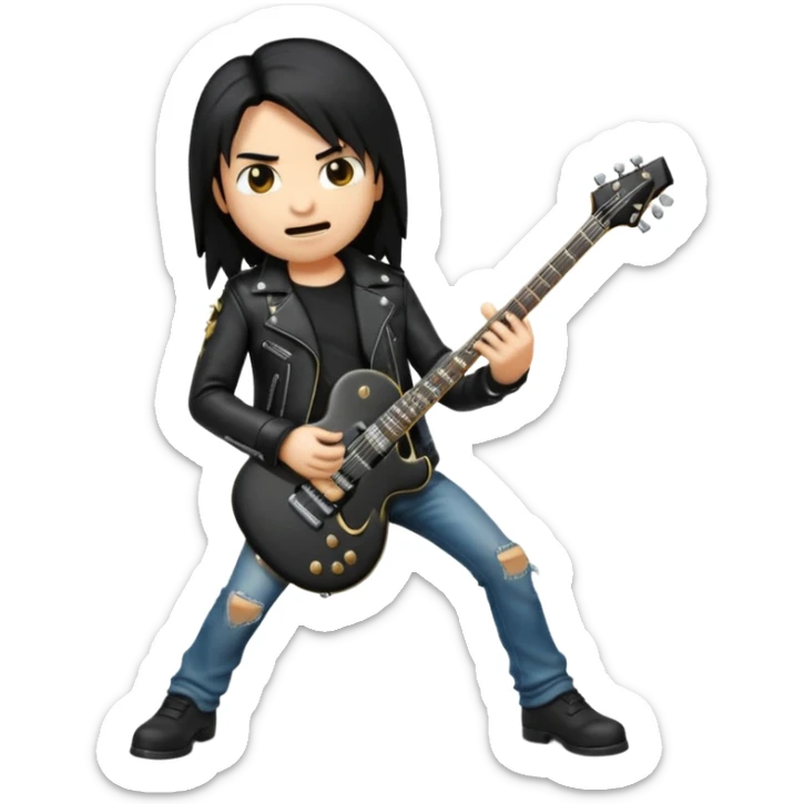 3D Apple-style emoji of a metal musician. Long hair, black leather jacket, ripped jeans, holding an electric guitar. Intense expression, glossy, rounded, smooth, soft shadows, white background.










 sticker