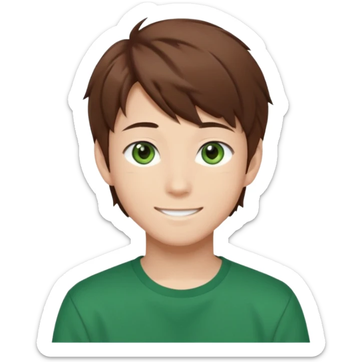 the face of an Anime asian style teen boy with brown hair, green eyes, looking smiling slightly sideways positioned. Face must be main filling of the emoji.  128px sticker