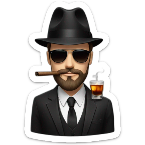 young white male adult with dark hair and beard, black fedora hat, black ray ban sunglasses, three pieces dark costume and tie smoking a cigar with a glass of whisky in the hand sticker