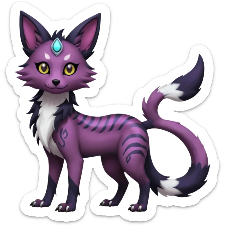 Kawaii dark black purplish blackish edgy fantasy ethereal feline-vernid-sergal-monster-furret-Lycanroc-umbreon-fursona animal creature full body with intricate markings  sticker