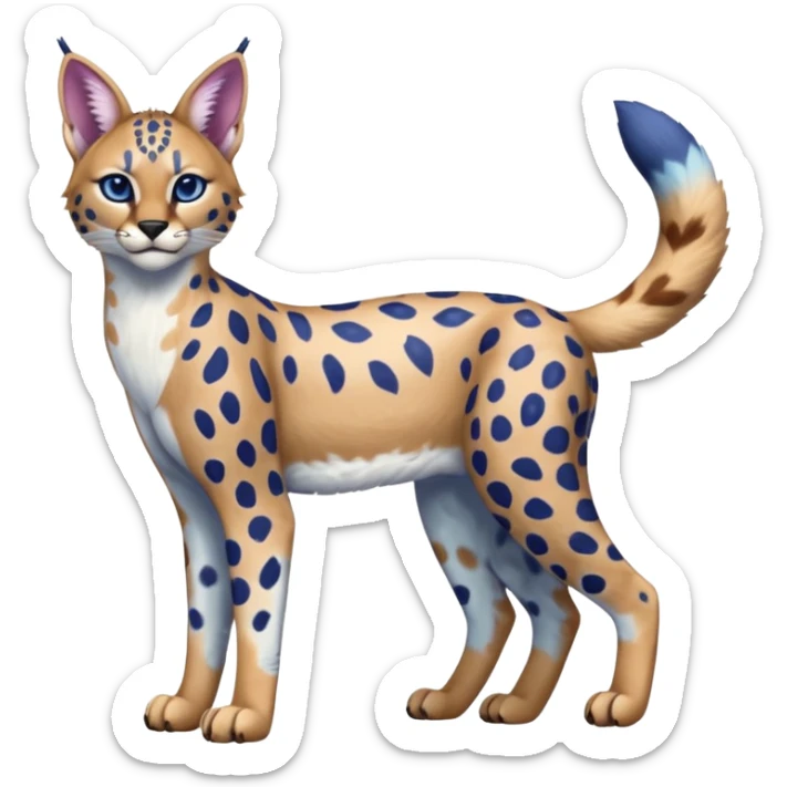 Colorful blubbery bluish cute adorable tropical exotic fruity blueberry-themed rosy Caracal-Cheetah-Serval-Snow-Leopard-Trico-Sergal-Vernid-fusion-hybrid-animal-creature, full body, with tribal markings sticker