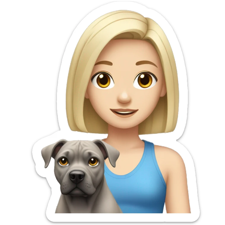 Blonde girl with a gray Staffordshire terrier; she has blue eyes and shoulder-length hair  sticker