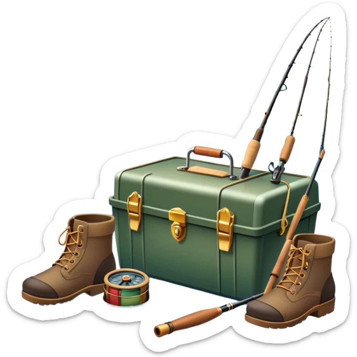 Icon for Fishing: a fishing tackle box, a spinning rods, boots, and a boat by a water body with a beautiful nature backdrop. The icon should evoke the peaceful and adventurous spirit of fishing. Transparent background. sticker