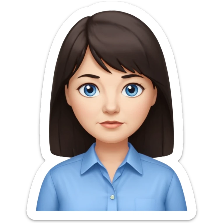50 yr old woman, blue eyes, long straight dark brown hair, business shirt, chubby, bangs, long hair sticker