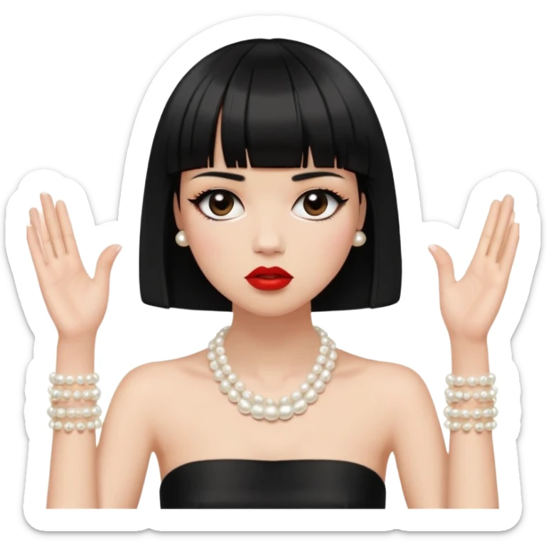 Face and Hair: The figure has a short, black blunt bob haircut with straight bangs. She has long eyelashes and red lipstick Jewelry and Accessories: The figure wears a pearl necklace and a bracelet, both depicted with small, evenly spaced circles. The right wrist has a bracelet, and the left hand is bare. Hands and Pose: Two disembodied hands are raised near the face. she wears a black strapless top. her fingers are splayed, creating a gesture that suggests frustration, stress, or theatrical exasperation. The posture feels very performative, almost frozen in mid-drama. sticker