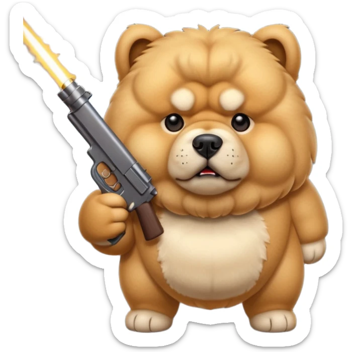 Funny cartoon-style chow chow dog with light fur standing on its hind legs and holding a gun menacingly sticker