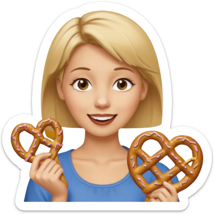 Short, Straight, Dirty blond hair, fair skin, woman winking holding pretzels sticker