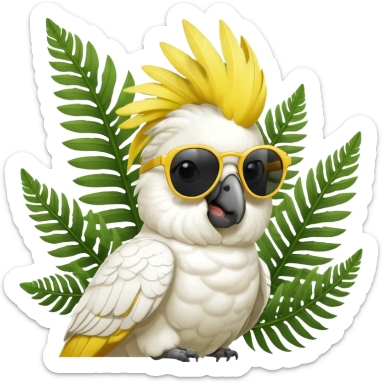 sulfer crested cockatoo wearing sunglasses sitting in a green fern tree sticker