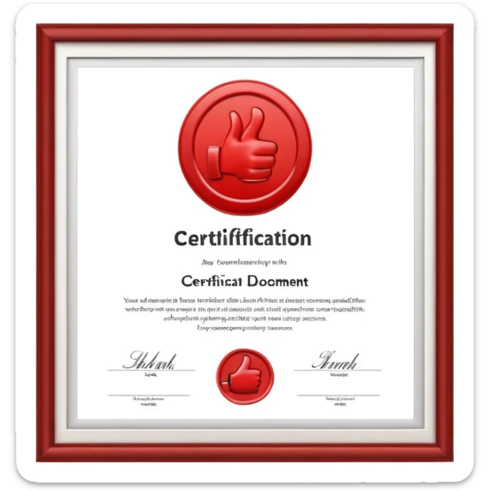 A simple emoji of a certificate document with a seal and a thumbs-up symbol, representing qualification or certification sticker