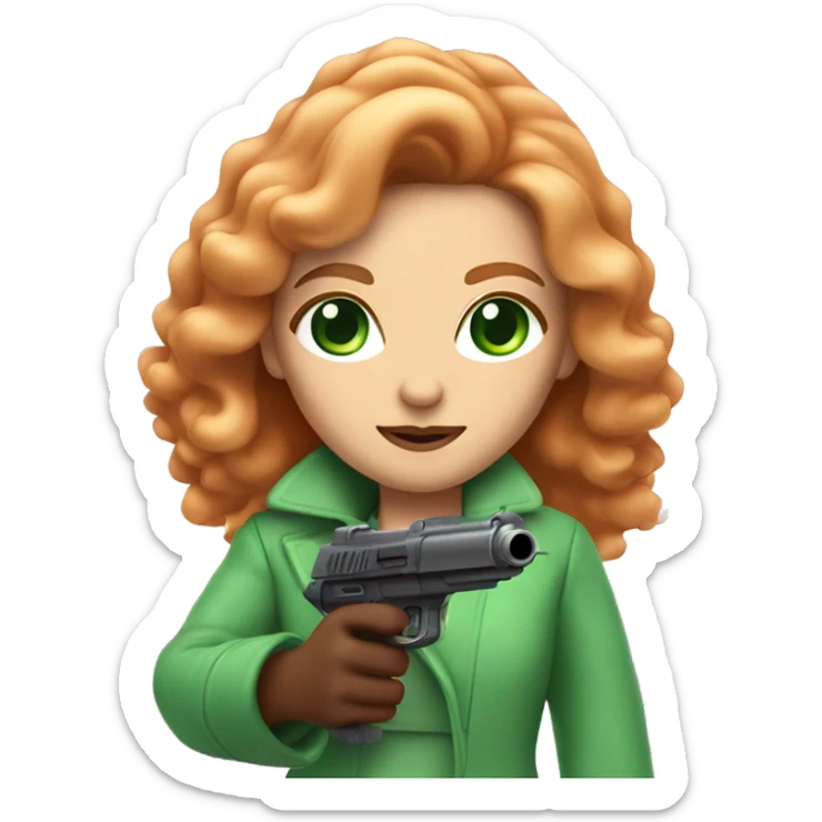 Women with long reddish blonde hair, green eyes, and a fluffy pink coat pointing a laser gun  sticker