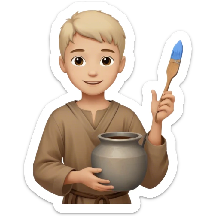 smiling painter boy 14th century with simple brown tunic and pot of paint sticker