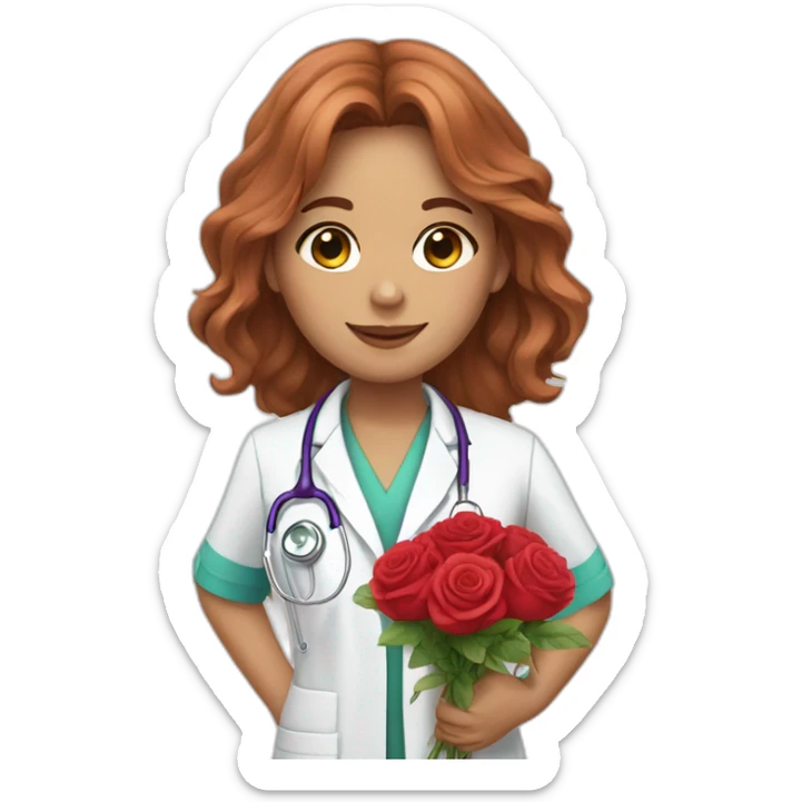 White doctor girl, chestnut hair, with a bouquet of roses sticker