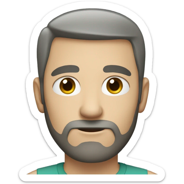white man with very short beard and very short hair. the hair is a little bit grey (with a little black). greyish green shirt. he has blue eyes. sticker