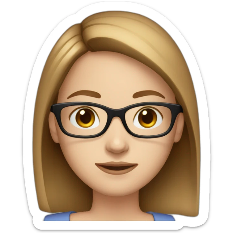 young white woman, brown straight hair, blue eyes, wearing glasses with black frame sticker