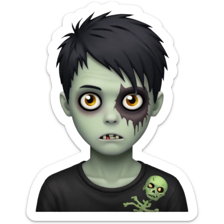 Zombie Boy with black emo messy hair and teenager aparience, black background sticker