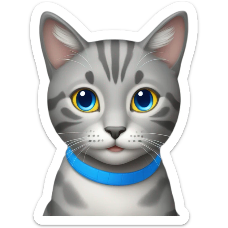 a happy gray cat with blue eyes and a blue and yellow volleyball sticker