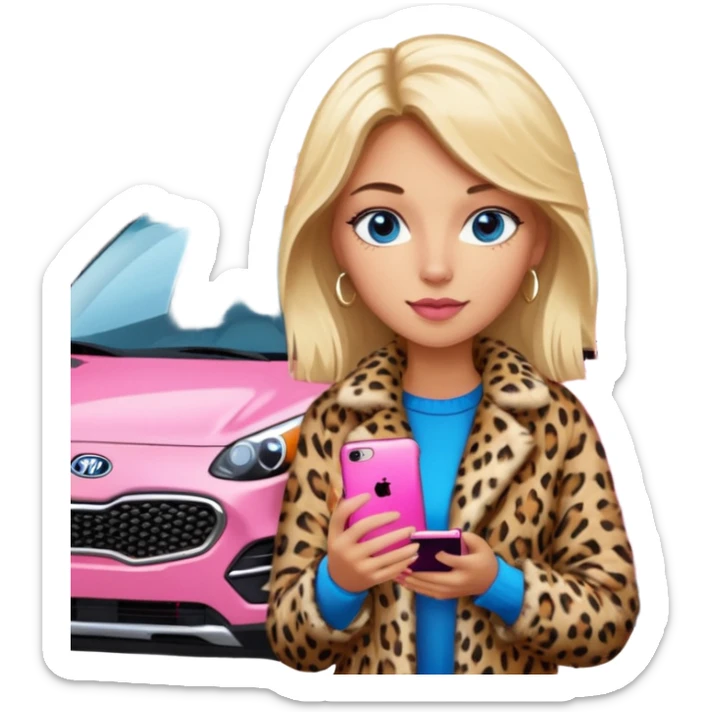 a blondie queen Arina in a leopard fur and pink iPhone on her kia Sportage white car. blue eyes sticker
