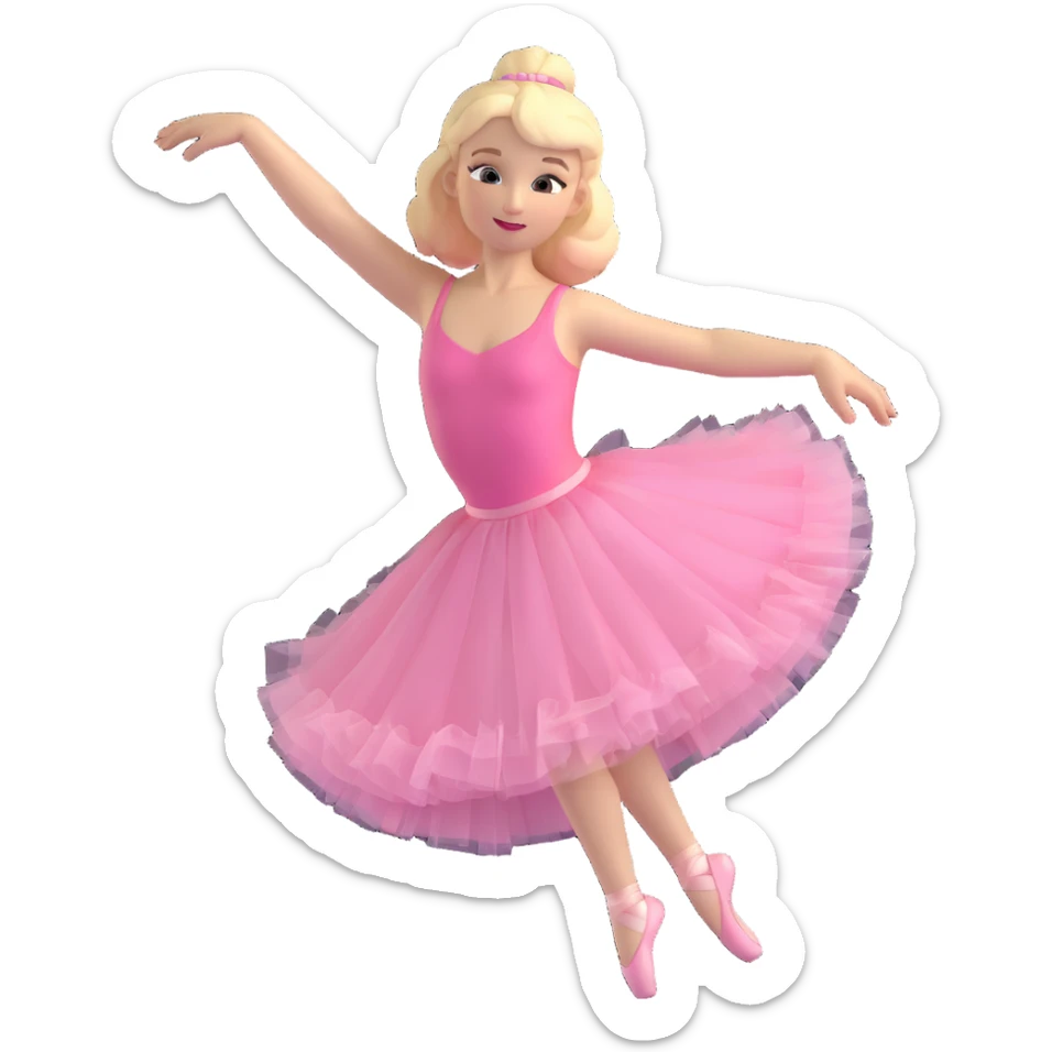 ballerina with blonde hair and white skin, pink tutu, dynamic dance pose, soft lighting, 3D style sticker