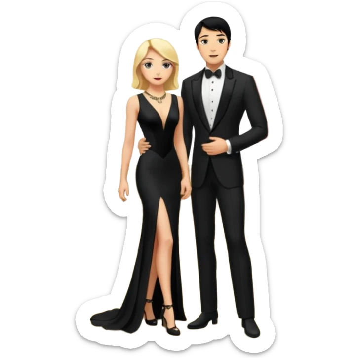 Blonde woman, black, Long, tight, sleveless Dress, Slot left Leg, man, black Hair, in Dinner jacket, Background ballroom sticker