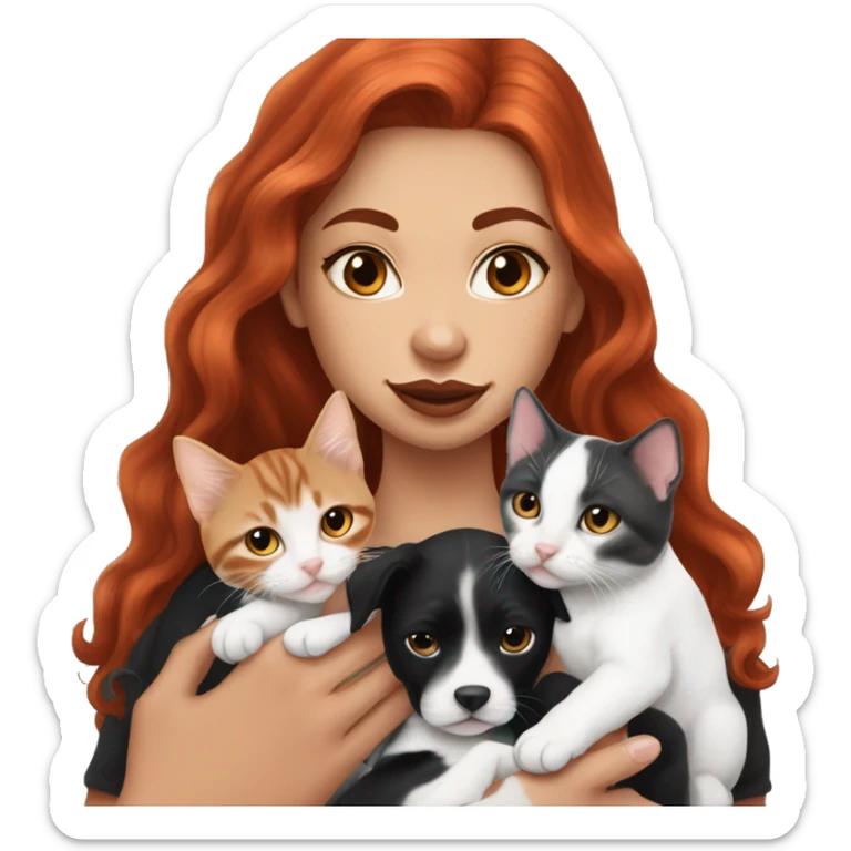Long Red haired woman with septum piercing holding black and white English Staffordshire puppy and tabby kitten sticker