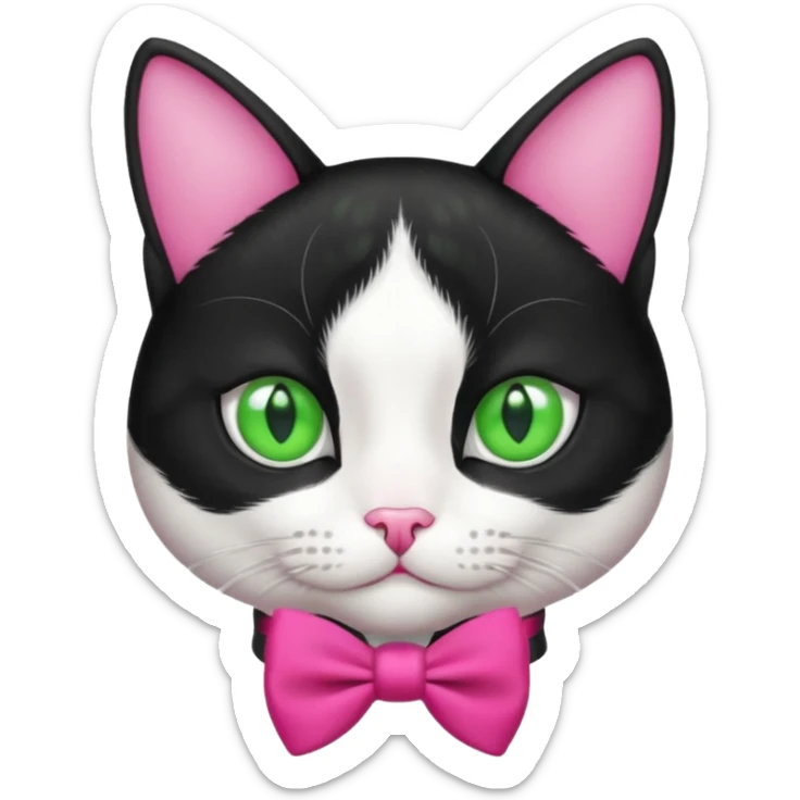 A black and white cat tuxedo breed head with green eyes she has a hot pink bow on her head  sticker