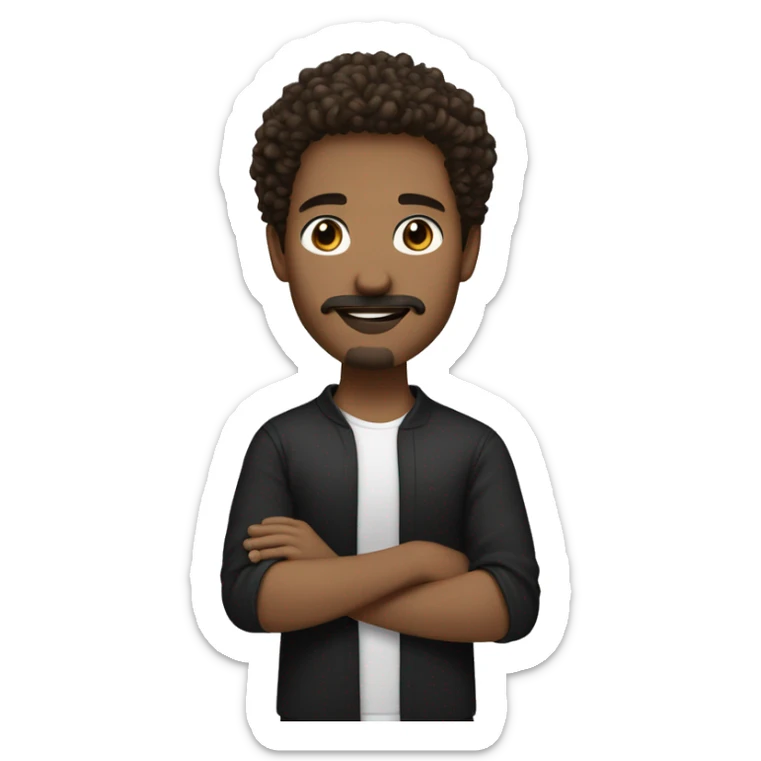 white young guy with brown eyes and wavy/curly hair in black leaning to brown color. with goatee and a mustache sticker