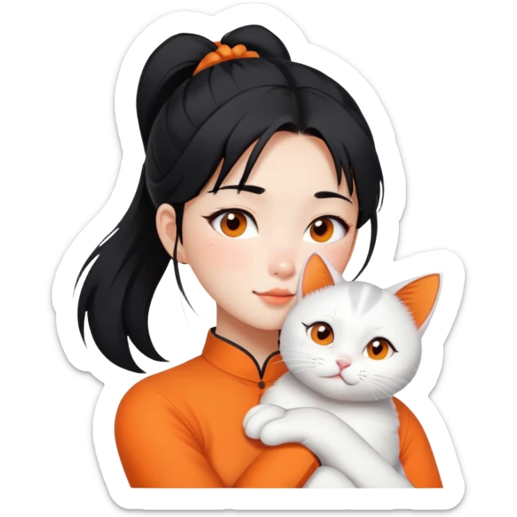East Asian girl with high ponytail black hair hugging a predominantly white cat with orange patches, sweet and gentle, cute facial expressions sticker