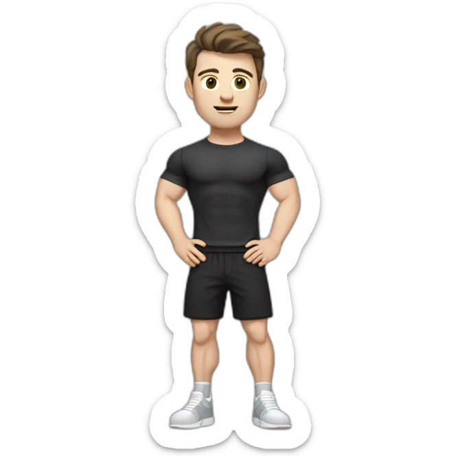 Confused Pale skinned Fit Man With the biceps and dark brown hair in black shirt, gray sports shorts and white Sneakers sticker