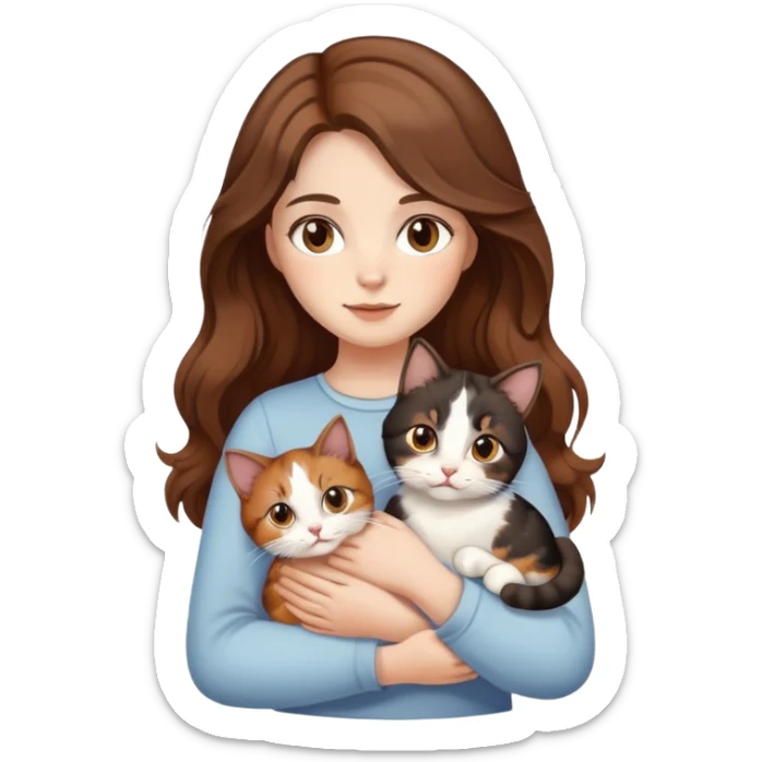 A girl with wavy brown hair and white has brown eyes and holds a calico cat  sticker