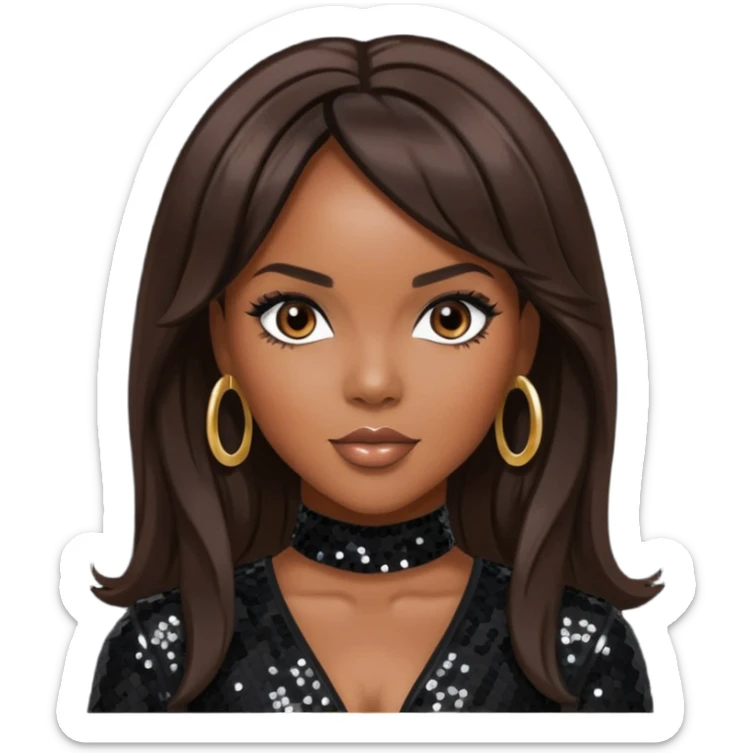 LeToya Luckett with long dark brown hair, black sequin tour outfit  sticker