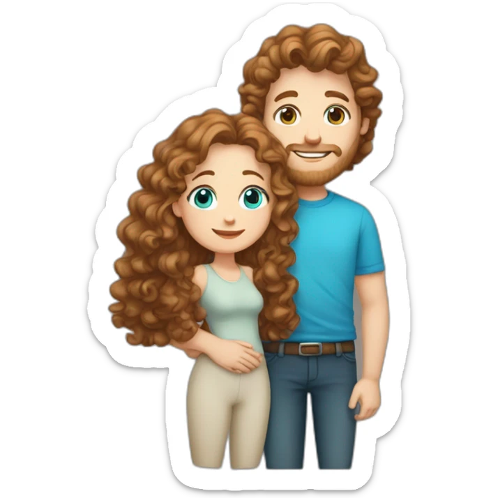Couple, hugging, white European man with brown curly hair and bright blue eyes. chubby wphite woman with long light brown curly hair and blue-green eyes. sticker