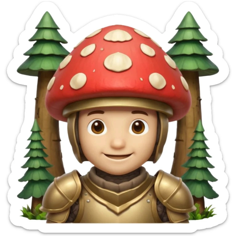 mushroom knight portrait, head and shoulders only, helmet made entirely of a large mushroom cap, textured mushroom surface, tiny fantasy armor collar, heroic smile, magical forest vibe, 3D cartoon, mobile game icon style, clean background, no text, no watermark
 
 sticker