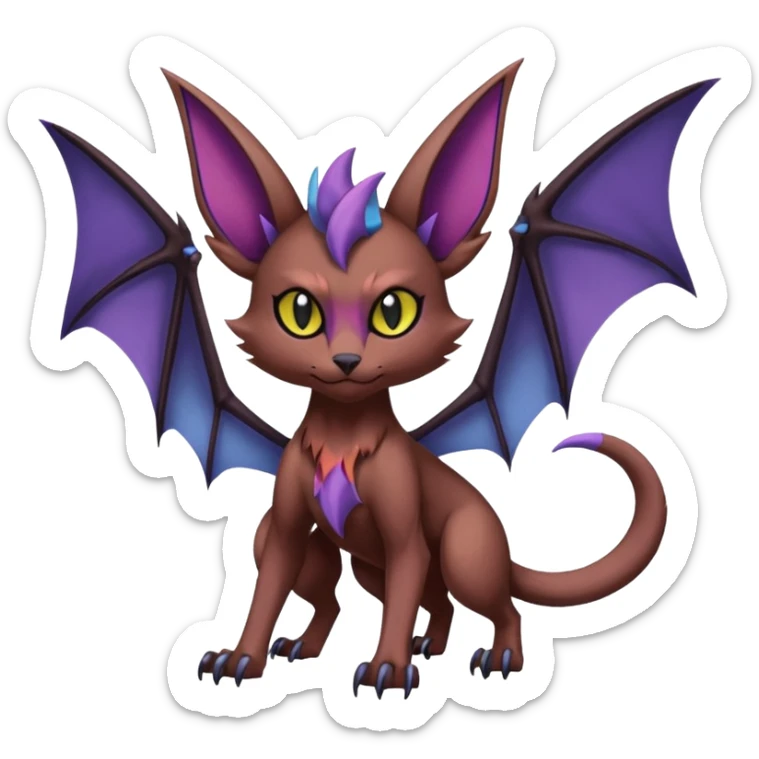 Asymmetrical dark dull pointy edgy Noivern-Noibat-Purloin-Torracat-Lykoi-Caracal-bat-cat-Fakemon-fusion-hybrid-creature with bat-wings on head as ears sticker
