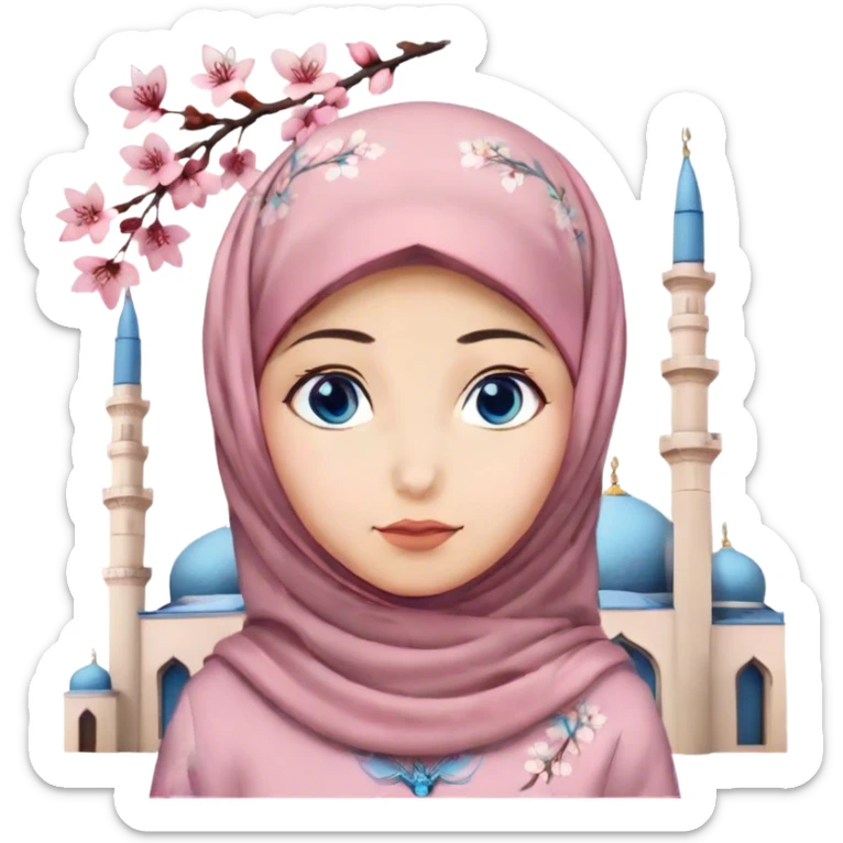 Turkish beautiful finish Konya girl blue eyes with hijab and cherry blossom dress on mosque sticker